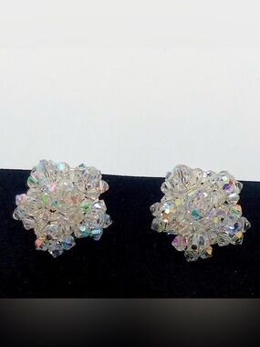 Sherman AB Crystal Bead Cluster Flower Clip on Earrings 1” Signed